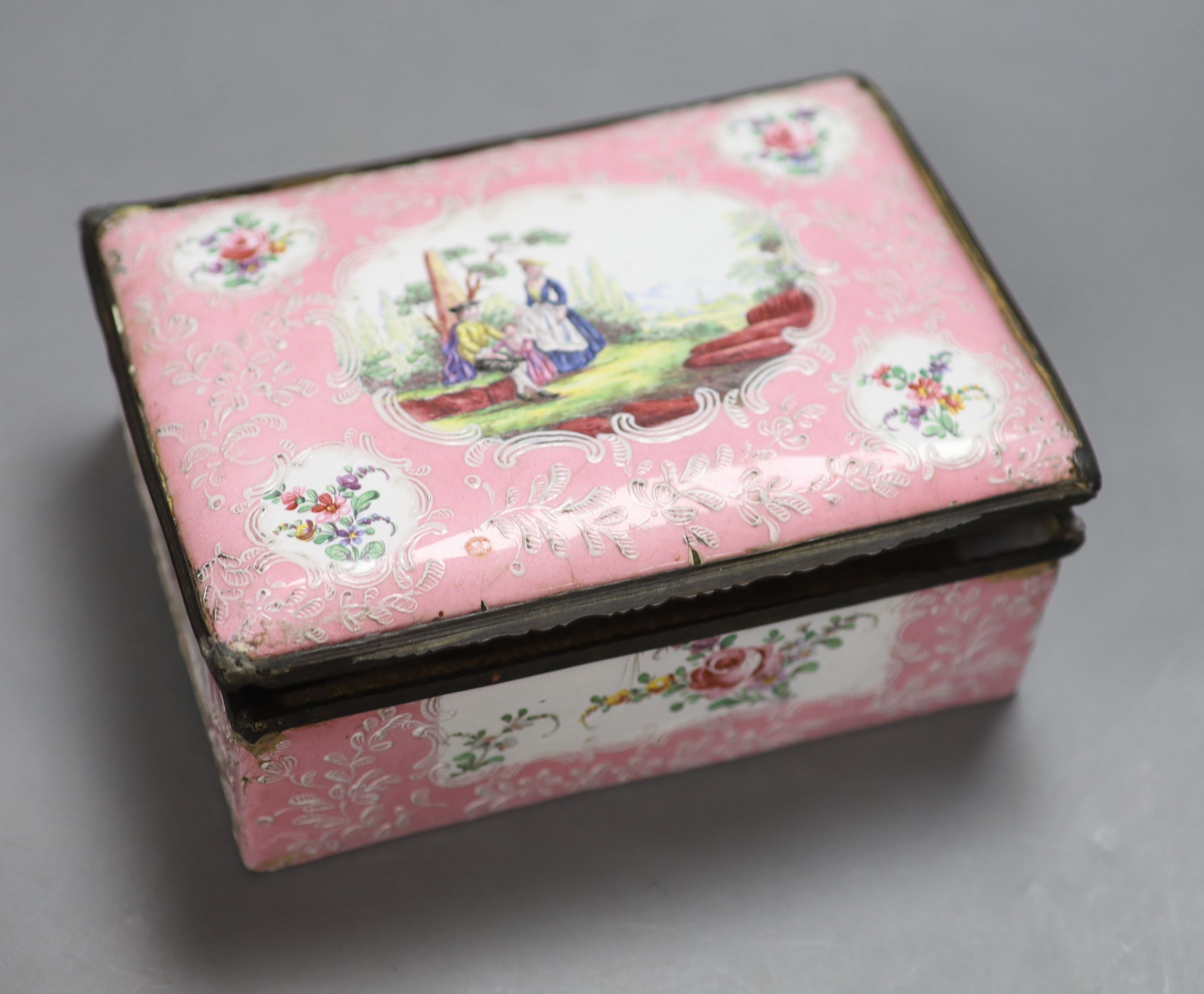 A French pink ground enamel box, length 19cm (a.f.)